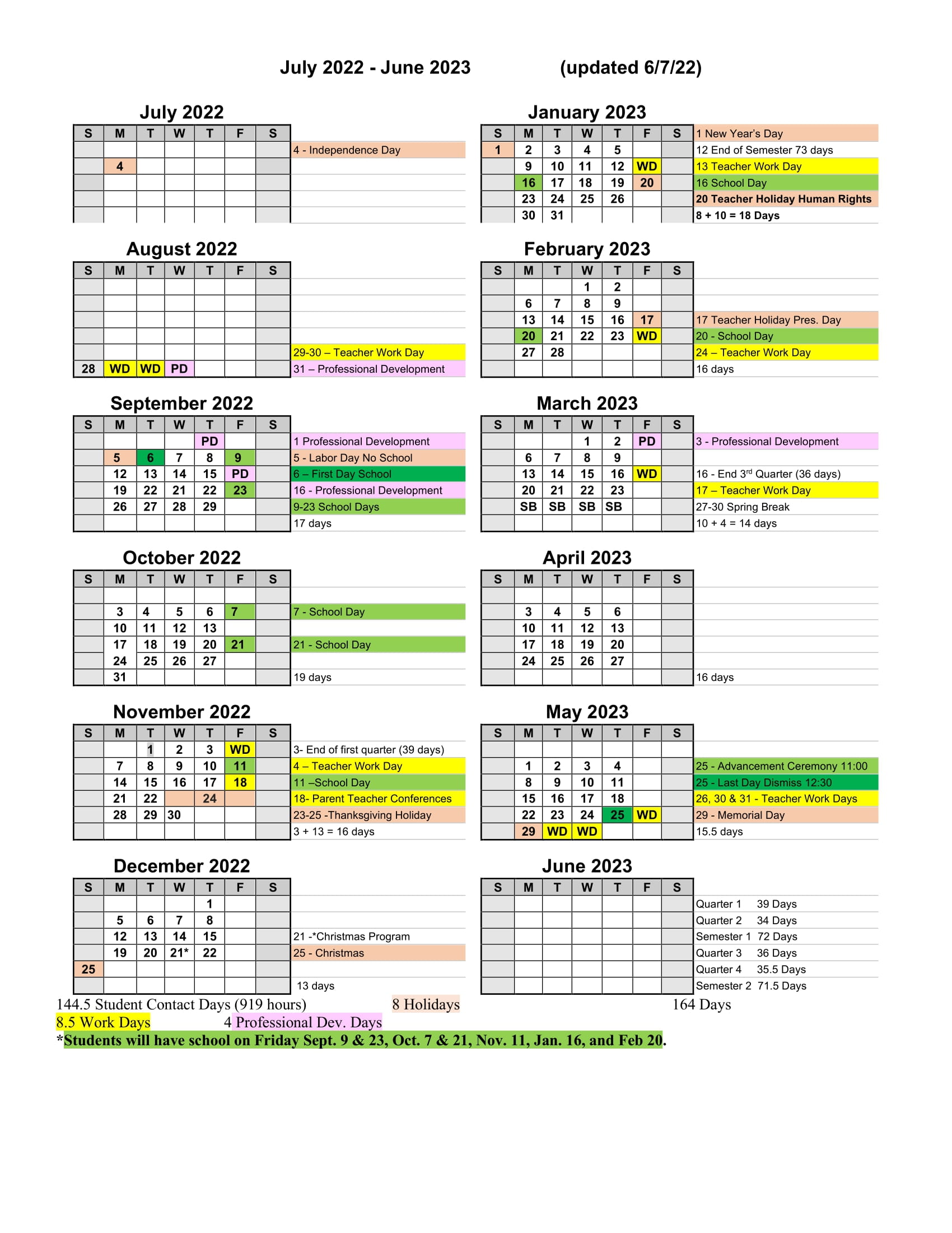 School Calendar Calder 2022-23